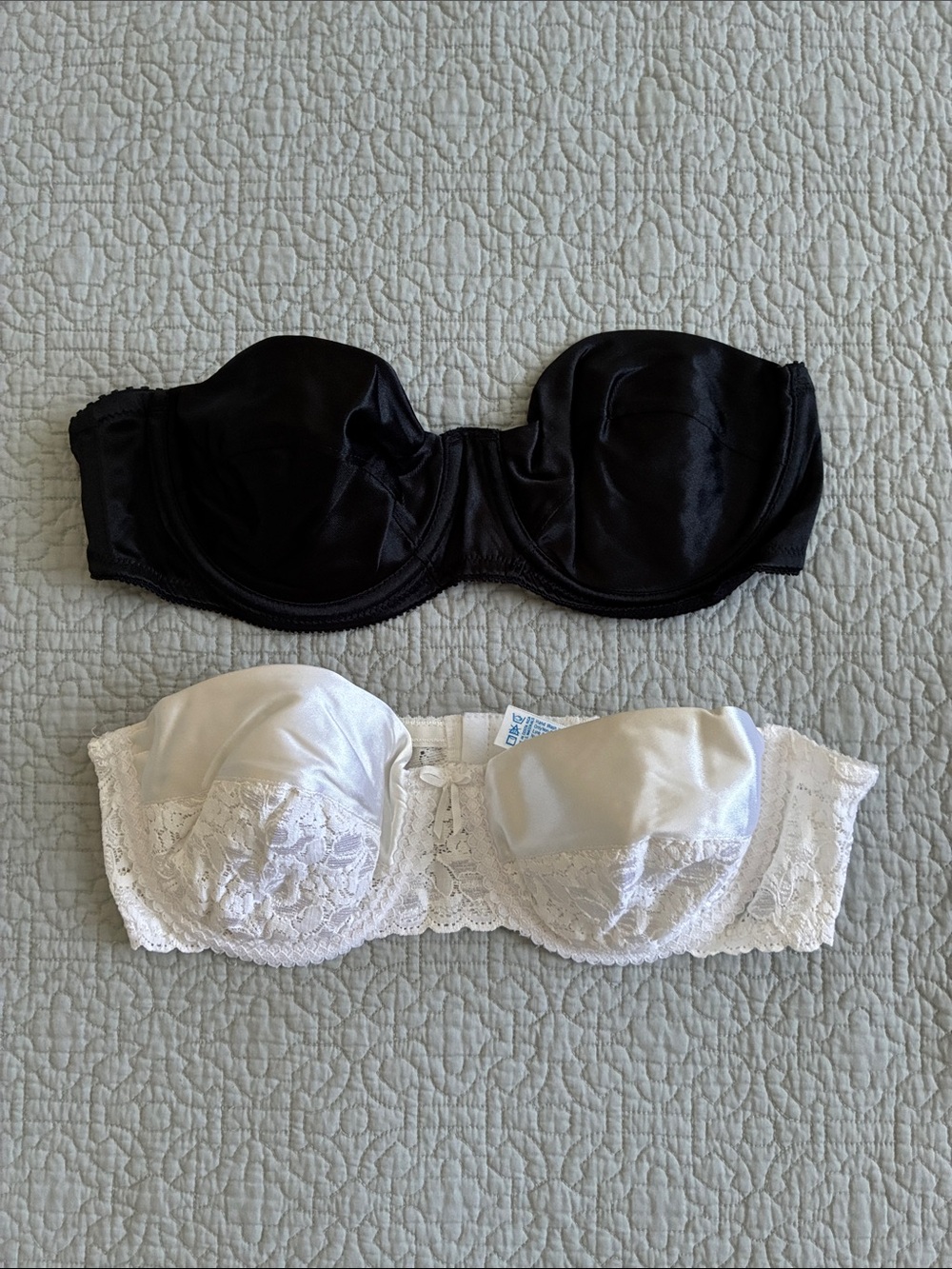 Lily of France Maidenform Strapless Lace & Satin Bandeau Bra Set Black White 36B